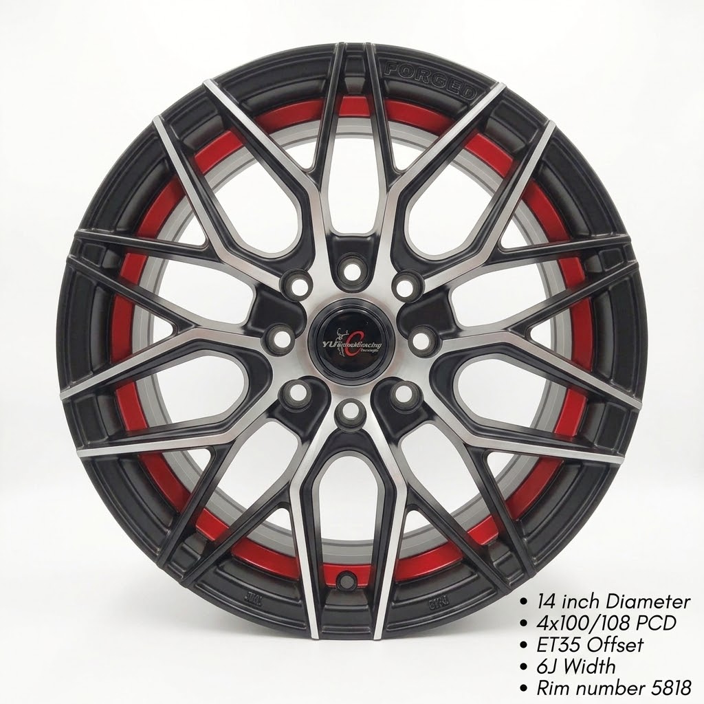 RACING HART  14" Gunmetal & Machined Y-Spoke Alloy Wheel with Red Inner Accent (Model 5818)