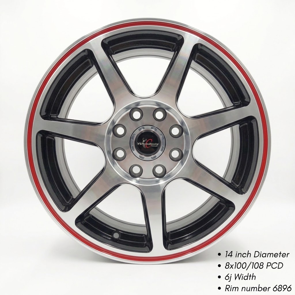 RACING HART  14" Machined & Gloss Black 6-Spoke Alloy Wheel with Red Accent Stripe (Model 6896)